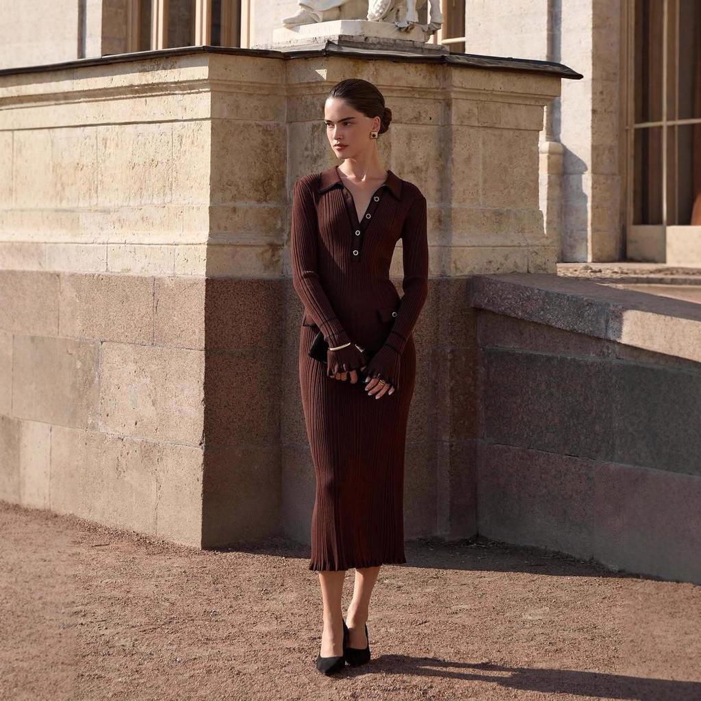 2025 Autumn European & American Women's Knitted Wool Dress with Button Shirt Collar