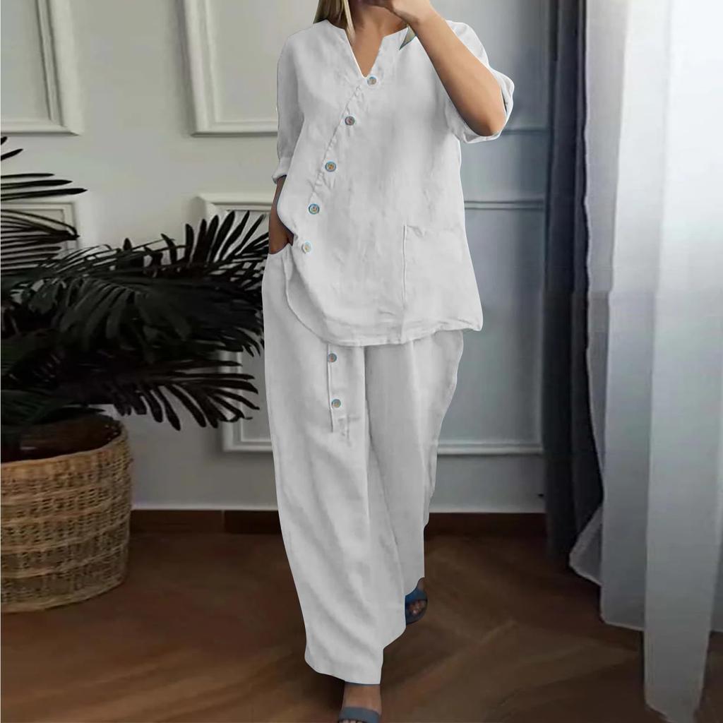 Women's Casual Cotton And Linen Set With Three Quarter Sleeves, Top And Wide Leg Pants, Two-piece Set