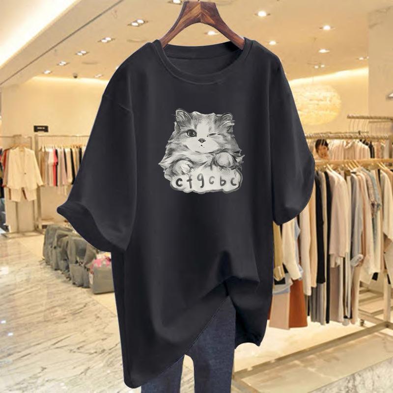 Women's Summer Loose Cartoon Cat Print Cotton T-Shirt