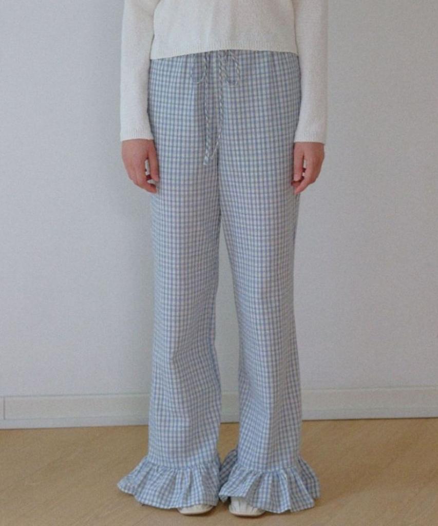 Okuka Summer String Frill Pants - Blue Check