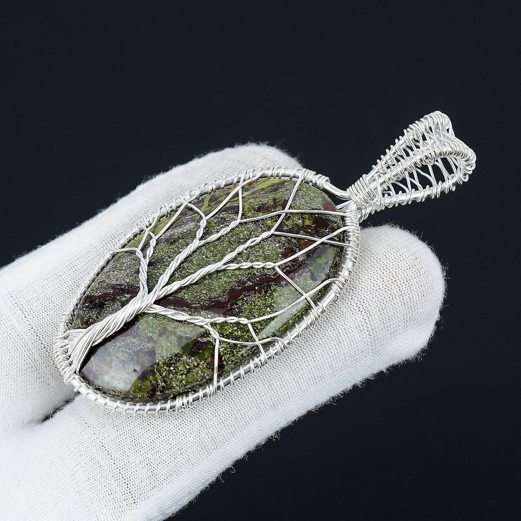 Pendentif Jaspe Sang de Dragon Pierre Précieuse Fait Main Argent Sterling 925, Bijou Enveloppé de Fil d'Argent, Bijou Arbre de Vie Enveloppé de Fil