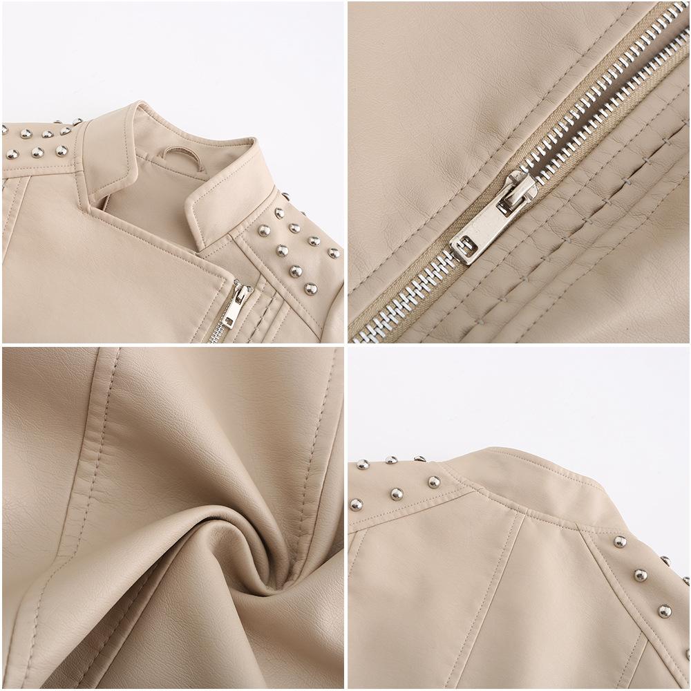GMXIA Women's Solid Color Print Beaded Leather Motorcycle Suit Thin Spring and Autumn Long Sleeve Jackets & Coats