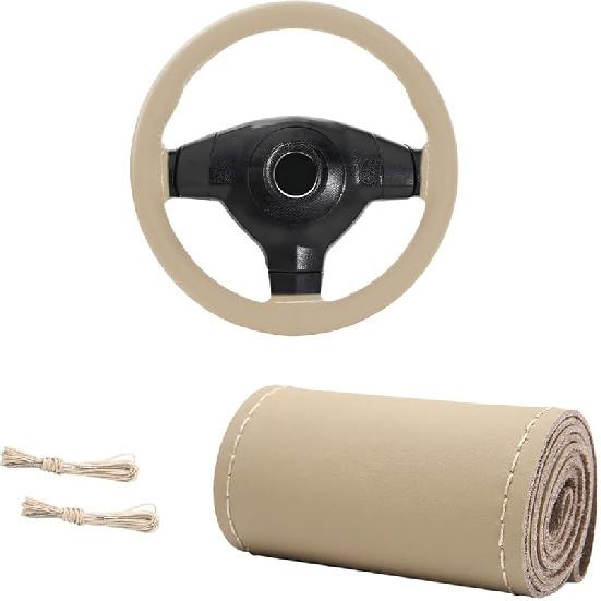 Genuine Leather Steering Wheel Cover, 15 Inches Breathable Stitch On Wrap Steering Wheel Cover, Anti-Slip Auto Wheel DIY Sewing Protector With Needle