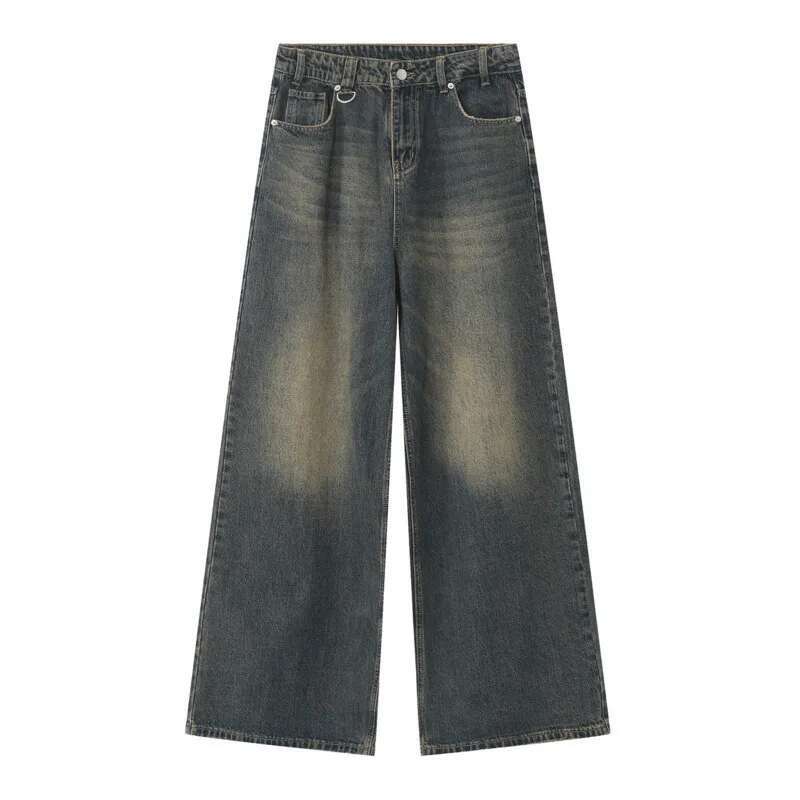 BeatStreet Vintage Camouflage Men's Jeans Fashion Washed Casual Wide Leg Denim Pants Autumn Winter Loose Male Trousers Old Blue