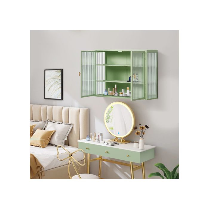 Armoire Murale Moderne À Double Porte Vitrée De 70 Cm Avec Espace De Rangement À Trois Niveaux (verte)