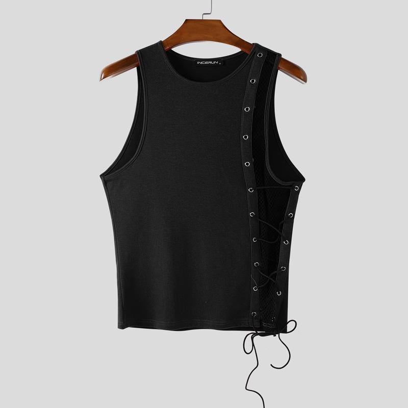 INCERUN Men O Neck Sleeveless Mesh Sheer Patchwork Bandage Slim Tank Tops