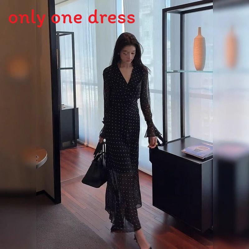 Elegant Black Polka Dot Long Dress With V Neck And Bell Sleeves For Spring Summer Vacation Wear