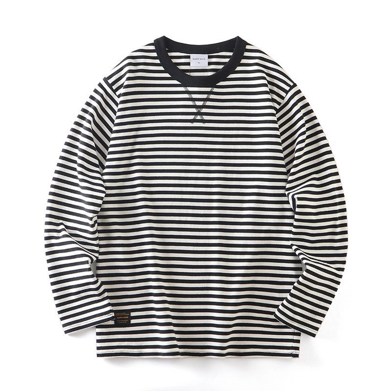 American Retro Heavyweight Pure Cotton Striped Long-Sleeve T-Shirt for Men, Autumn and Winter Sailor Shirt, Export Quality Trendy Brand Base Shirt
