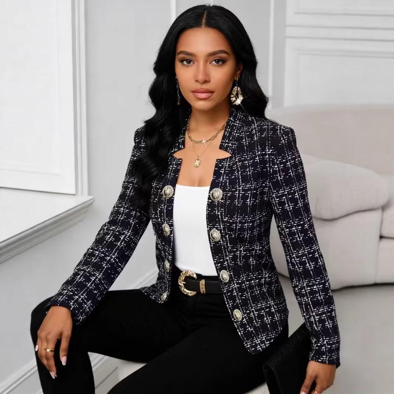 Women S Fitted Plaid Long Sleeve Button Blazer