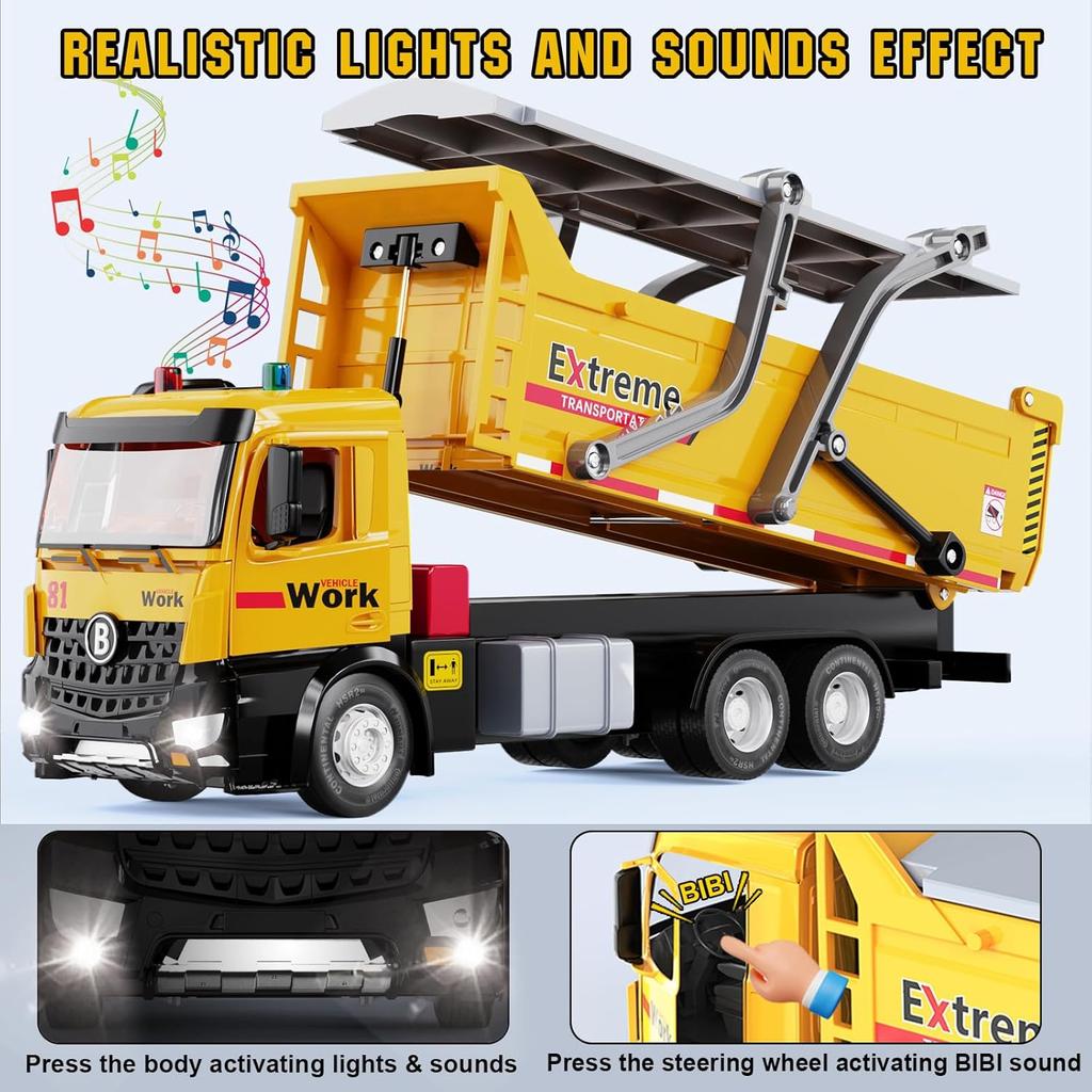 Dump Truck Toy, Large Dump Trucks Metal Cab, Big Construction Trucks with Lights and Sounds, Construction Vehicle Toys, Kids Birthday Xmas Gifts