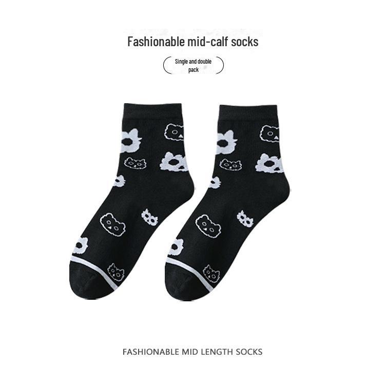 Women's Mid-Tube Lace Socks, Summer/Autumn Style, Owl Cartoon Design, Breathable and Trendy.