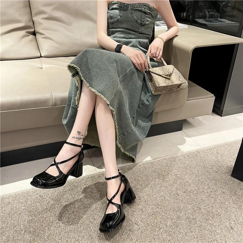 

Fashion Buckle Strap Cross Low Sandals Woman Leather Suit Female Beige High Heels 2025 Summer Shoes Low-heeled Black Comfort Hig 35 чёрный