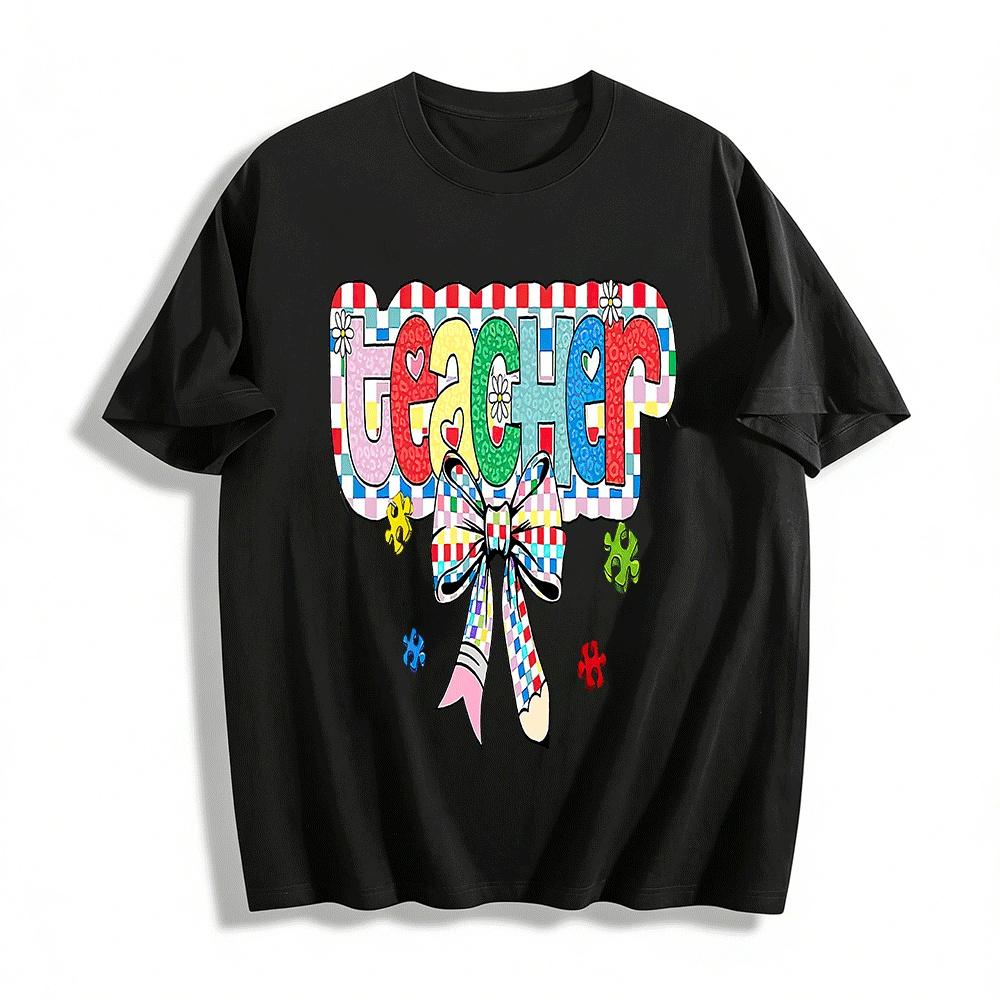 Autism Teacher Checkered Print Casual T-Shirt For Special Educator Pure cotton T-shirt XXS