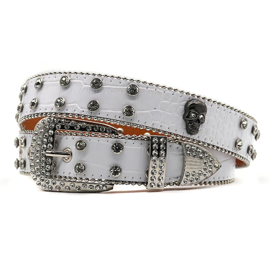 White PU Belt Inlaid With Full Diamond Skull Accessories Punk Fashion Trend Women's Loose Belt Diamond Belt