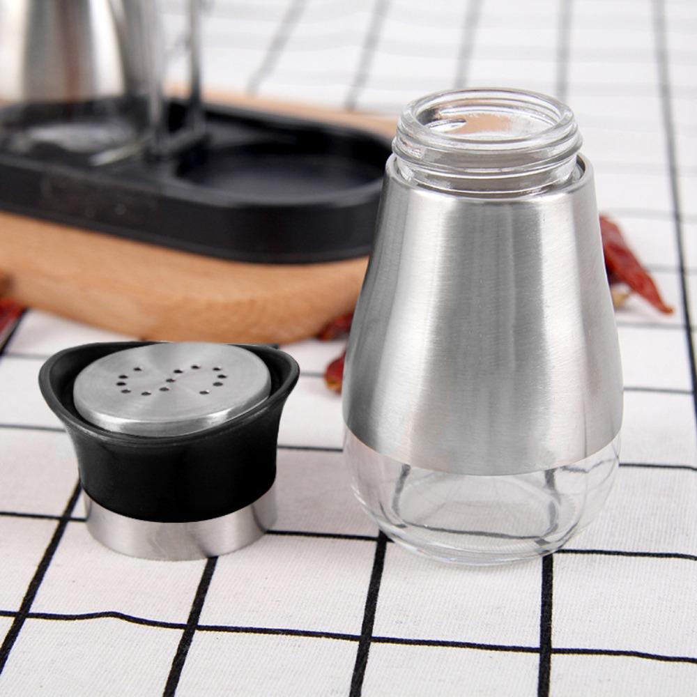 2Pcs/Set Salt & Pepper Kitchen Glass Spice Bottle Refillable Black Condiment Jar with Pour Holes with Rack Spice Dispenser