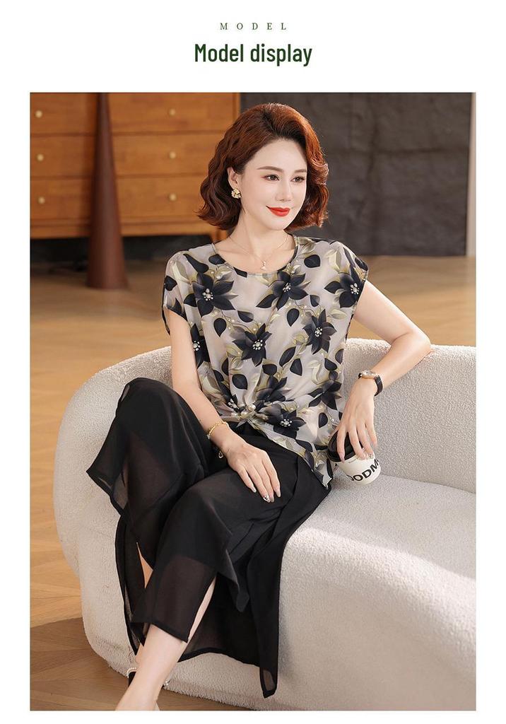 Mom's 2026 Summer Chiffon Floral Blouse - Elegant Short-Sleeved Top for Middle-Aged Women