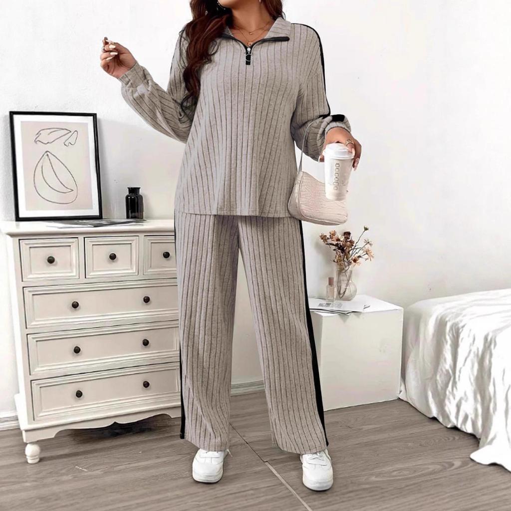 TUME Plus Size Ribbed Hoodie & Wide Leg Pants - Women's Autumn/Winter Casual Fashion Two-Piece Set
