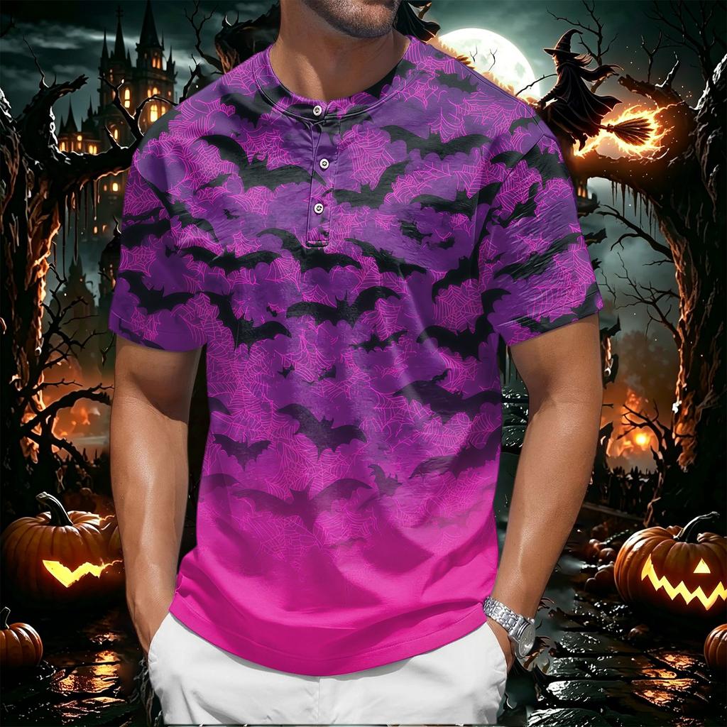 Men's Halloween Print Henley Short Sleeve Shirt Casual Lightweight Breathable Top with Button Front Design for Everyday Wear