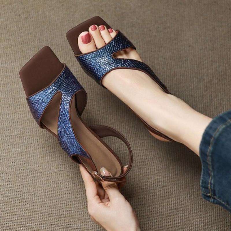 Fashion Fashion Snake Texture Leather High Heels Women Elegant Square Toe Thin Heel Sandals Summer Sexy Open Toe Dress Shoes Sandalias