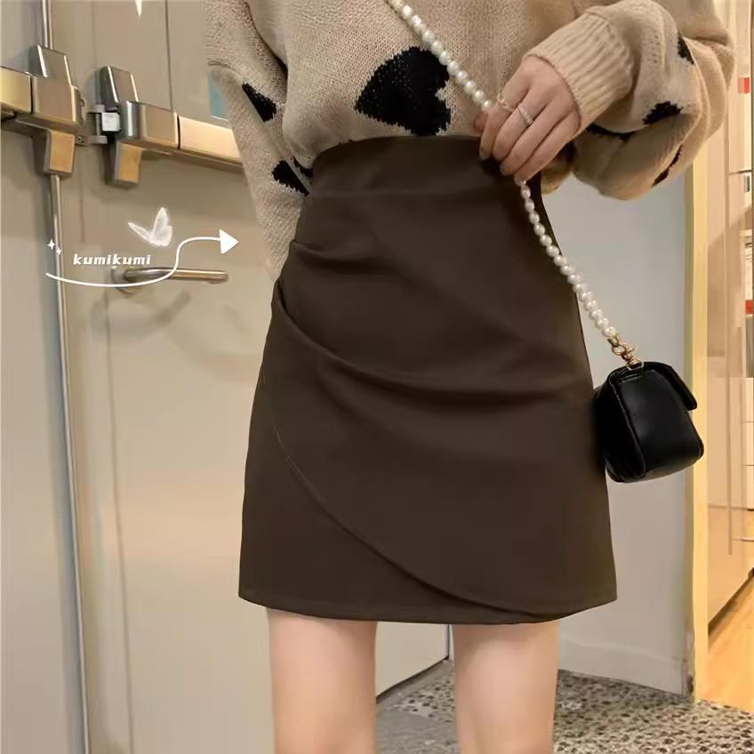 2023 Trendy Irregular Midi Skirt: Women's Coffee Color A-line Slim Bodycon Skirt
