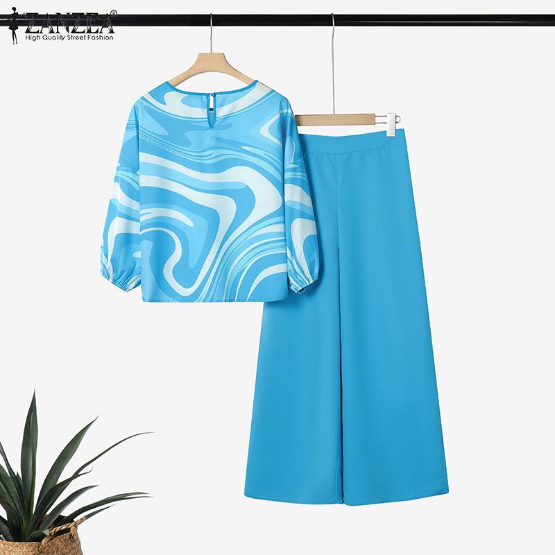 ZANZEA Damen Langarm Print Bluse und Hose Lässige Zweiteiler Anzugsets