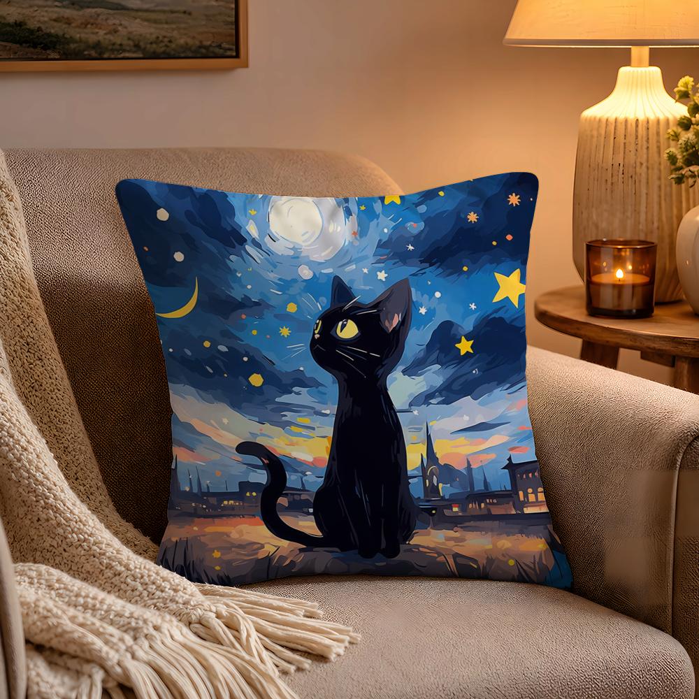 Anime Starry Sky Art cat Pillow Case Soft Plush Cushion Cover Double Print and Invisible Zipper for Sofa Home Car Use