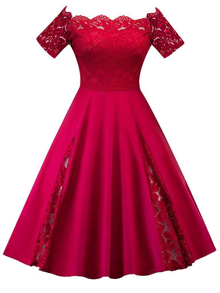 Elegant Plus Size Lace Dress With Off Panel Shoulder Design And High Waist Silhouette For Sophisticated Occasions
