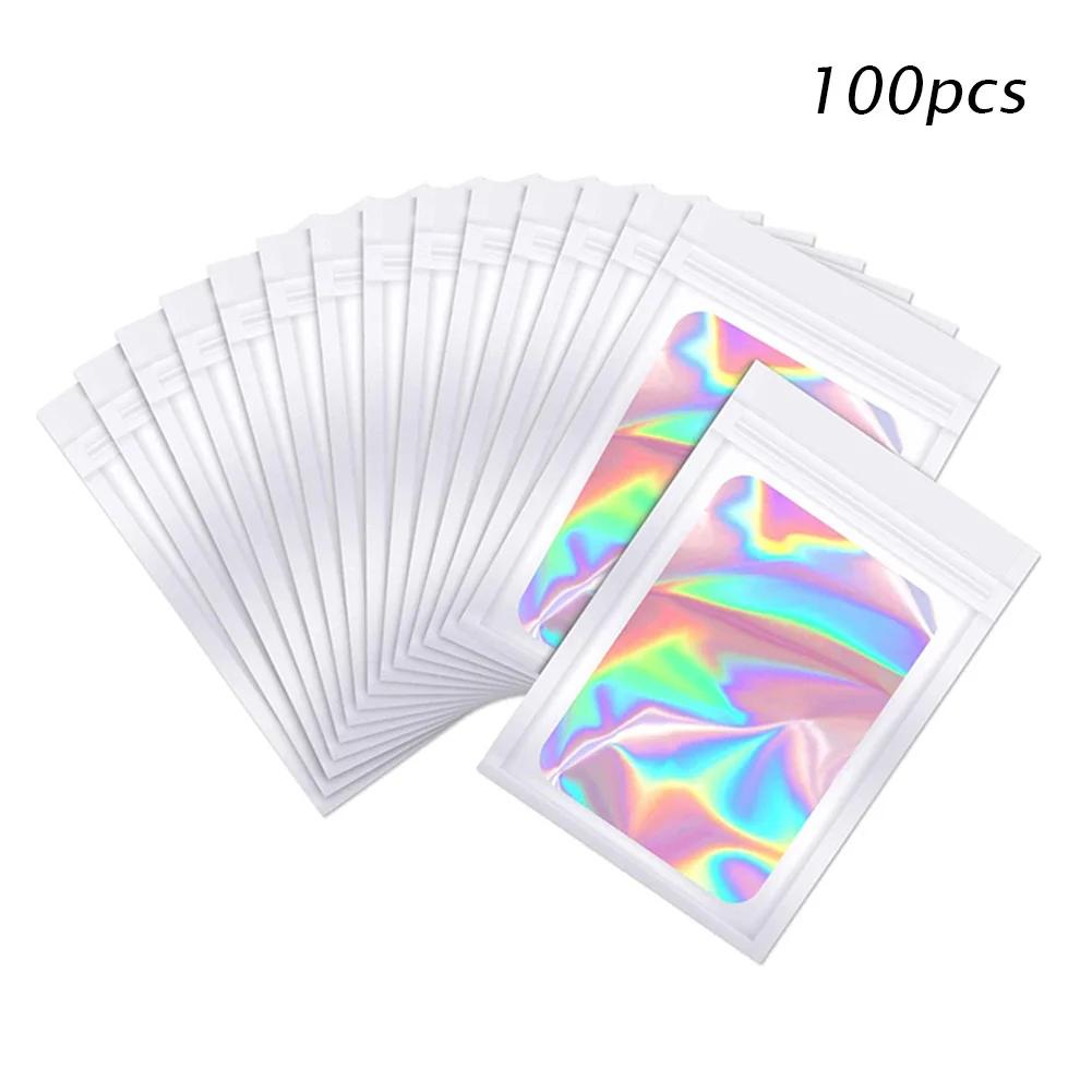 

100pcs Packaging Pouch Bag Aluminum Foil Polyester Film Translucent Holographic Rainbow Film Sealed Bag Laser Zip Lock Bag 7x10cm белый
