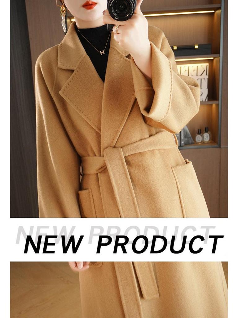 Women's Extra Long Double-Sided 100% Wool Coat with Belt for Autumn and Winter