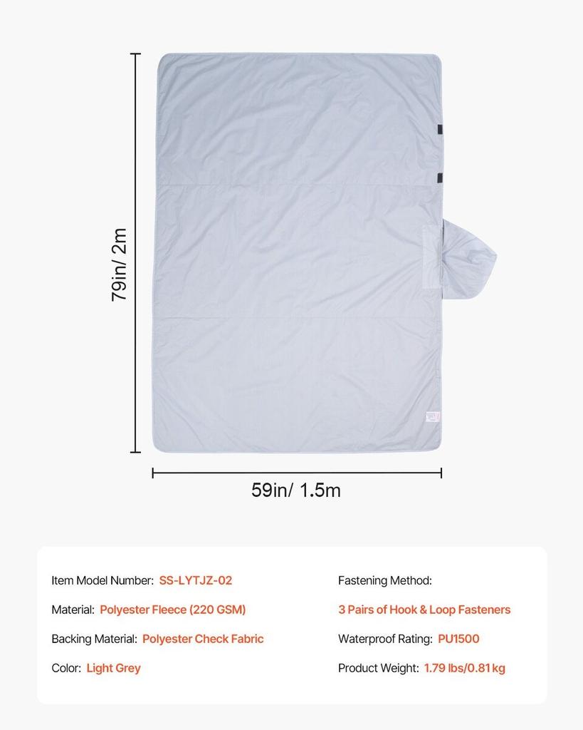 Camping Blanket 79" x 59" Wearable Warm Stadium Blanket Outdoor Light Grey