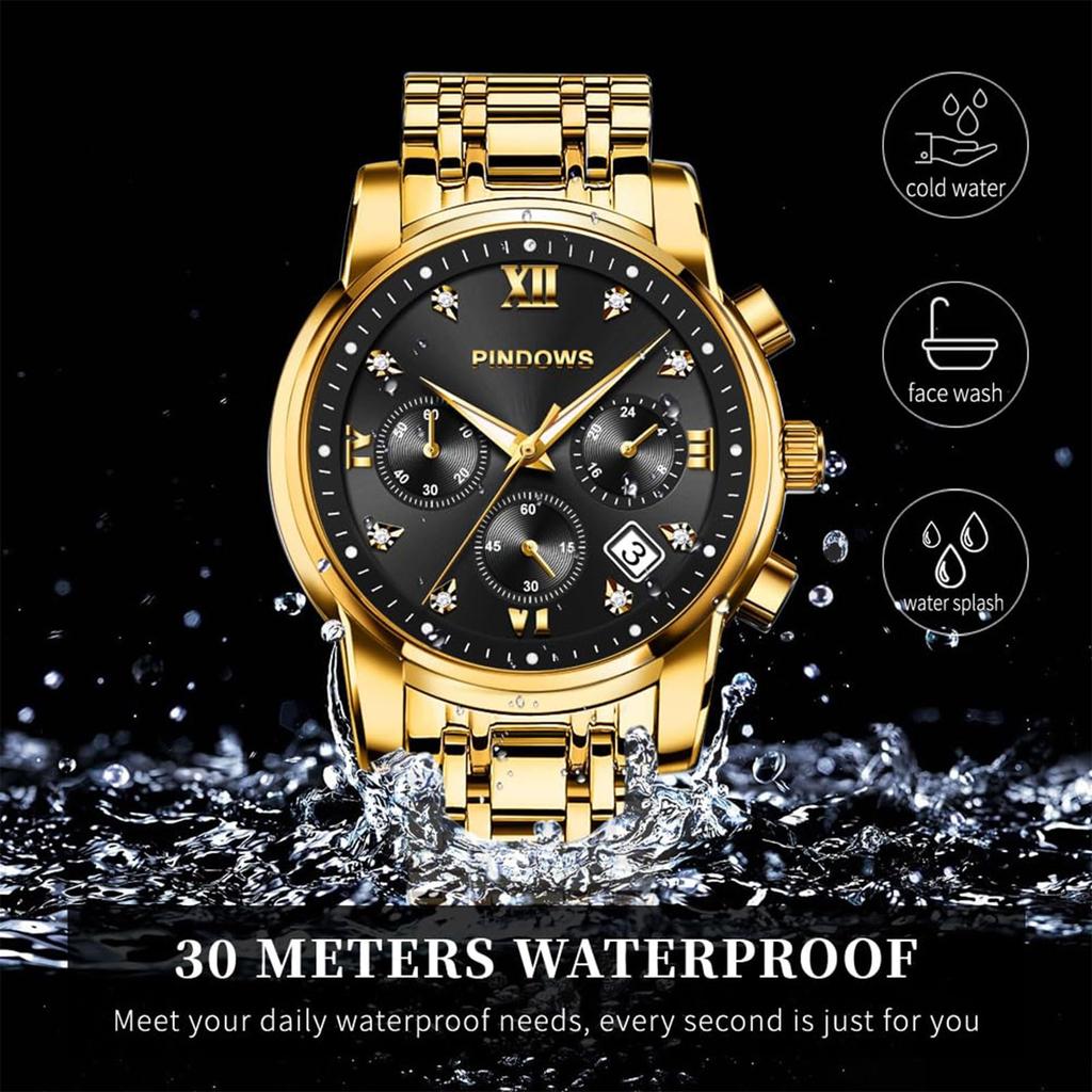 PINDOWS Luxury Quartz Chronograph Watch with Date Large Waterproof Business Stainless Steel Luminous Diamond Accents Men's Display, Dial, Watch, Band,