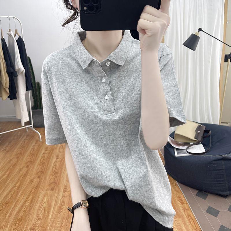 Women's Grey Polo Shirt Short Sleeve Casual Loose Fit Basic Knit Top