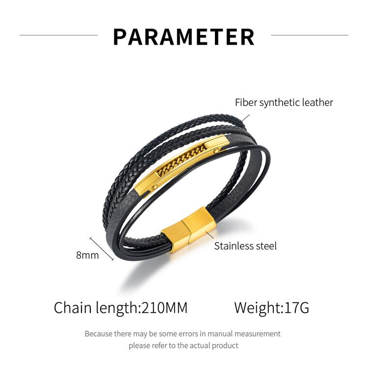 Handsome Men Silver&gold&black Leather Bracelet with Stainless Steel Clasp
