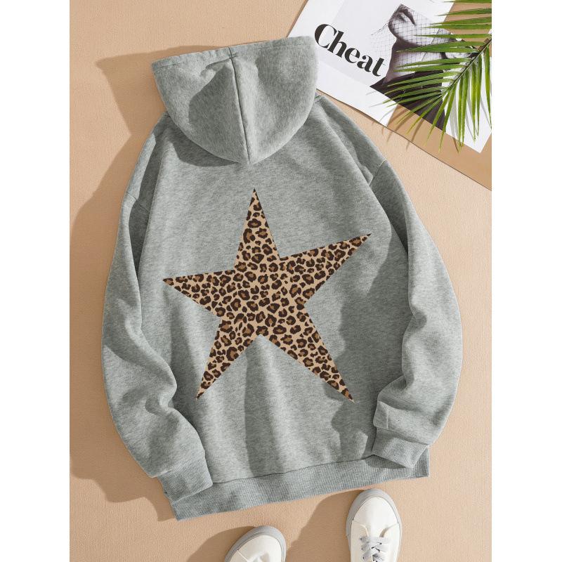 Felpe da Donna con Cappuccio a Manica Lunga Vestibilità Larga Casual con Stampa Leopardata e Stelle Pullover
