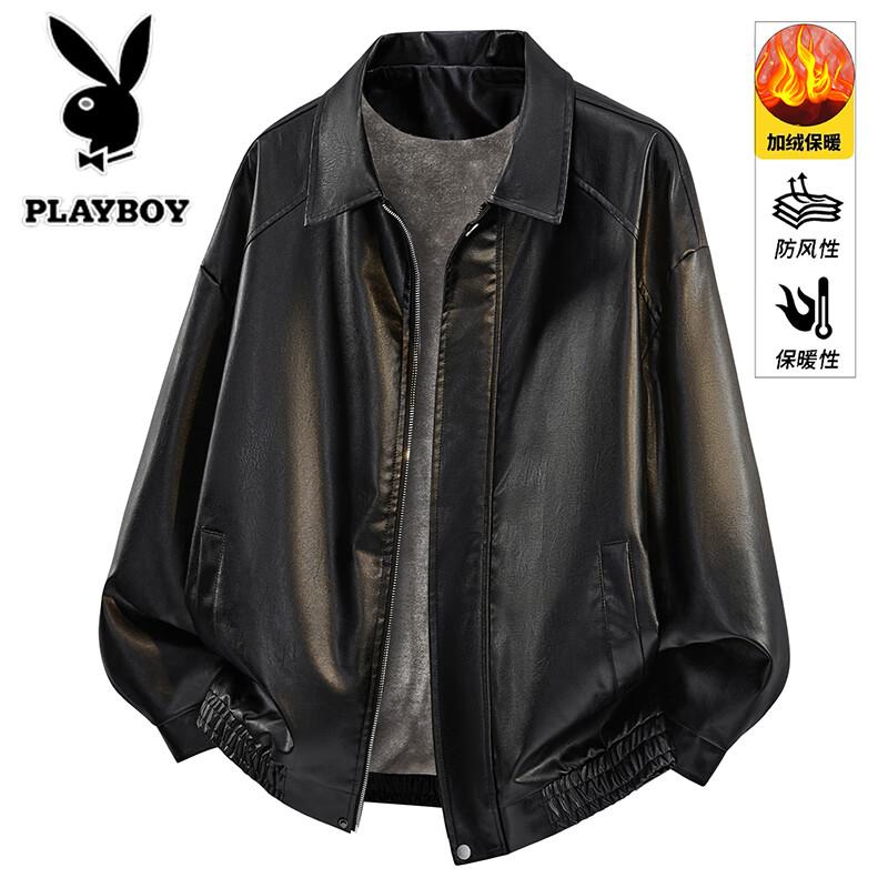 PLAYBOY Men's American Retro Plush Lined Leather Jacket