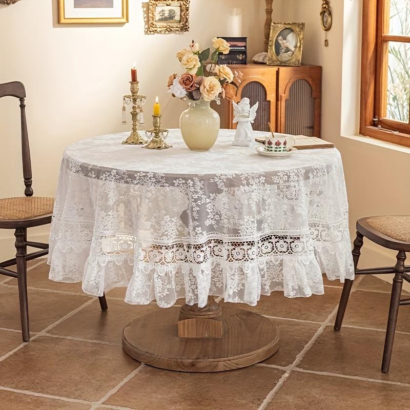 Vit spetsbroderad rund duk, blommönster, vintagecharm för matsal, sovrum, café, festdekoration