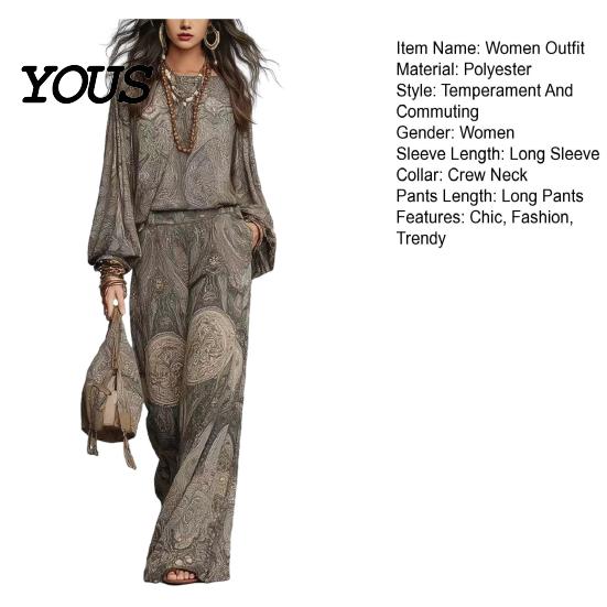 Relaxed Fit Women Outfit Boho Print 2 Piece Sets for Women, Casual Long Sleeve Top Side Pocket Pants Wide Leg Matching Sets, Summer Loose Travel