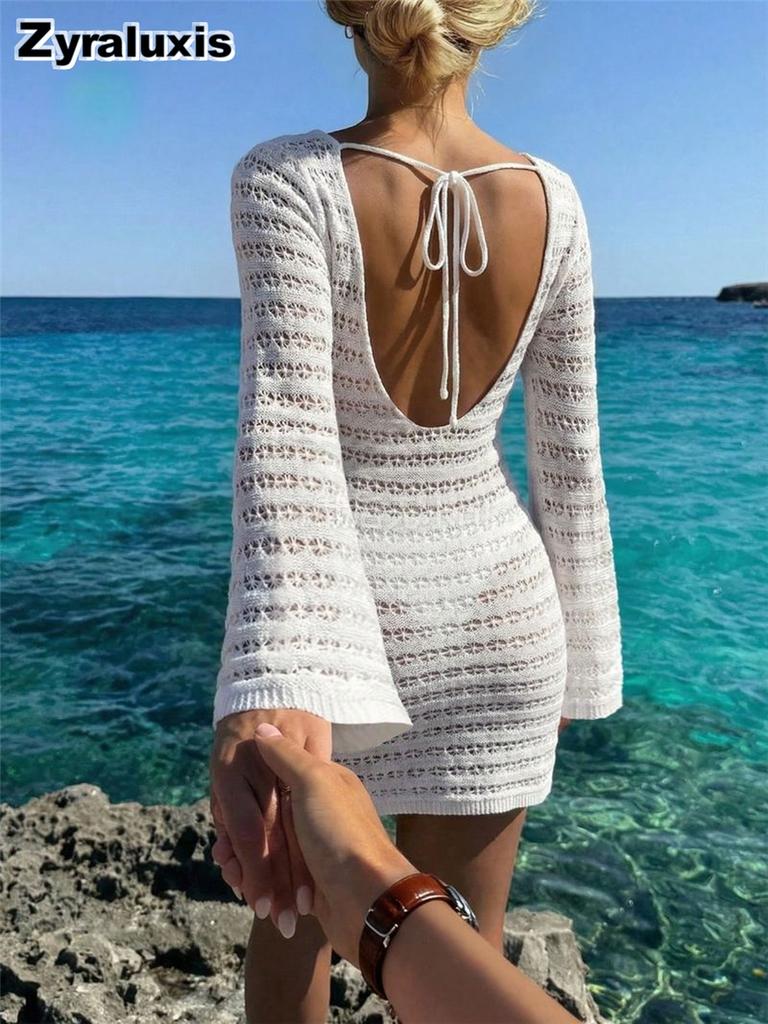 Women's Summer Lightweight Hollow Out Mesh Long Sleeve Cover Up Knit Dress
