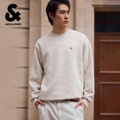 Men's Autumn Textured Jacquard Crew Neck Sweatshirt