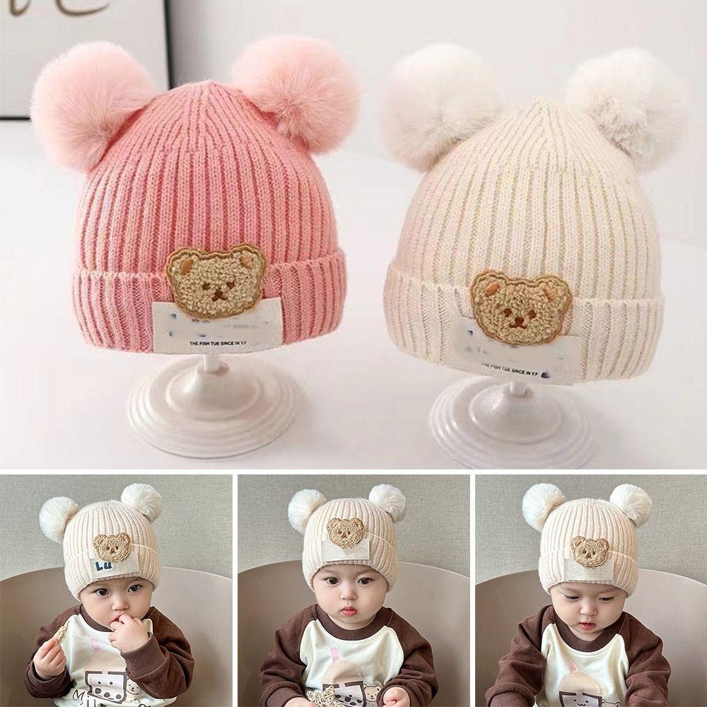 0-3Year Plush Ball Baby Knitted Hat Solid Color Beanie Hats Children Warm Cap  Baby Children Kids