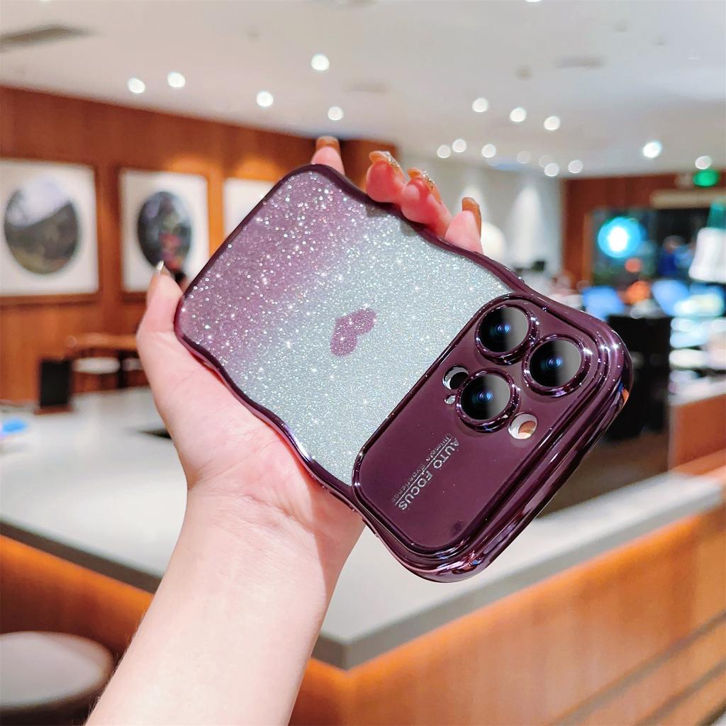 For iPhone 16 Pro Max Case Love Heart Gradient Glitter TPU Phone Cover Electroplating Curly Frame