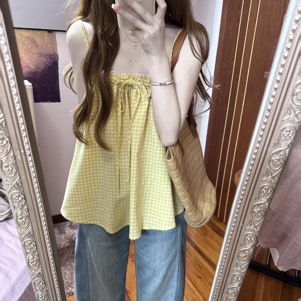 Korean Sweet Casual Vacation Suspender Summer Vest Drawstring Age-reducing Pleated Shirt Loose Niche Sleeveless Top