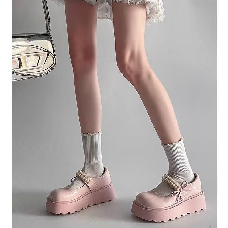 Retro Pearl Bow Mary Jane Shoes 2025 Autumn New Platform Single Shoes Japanese Jk One-pedal Small Leather Shoes