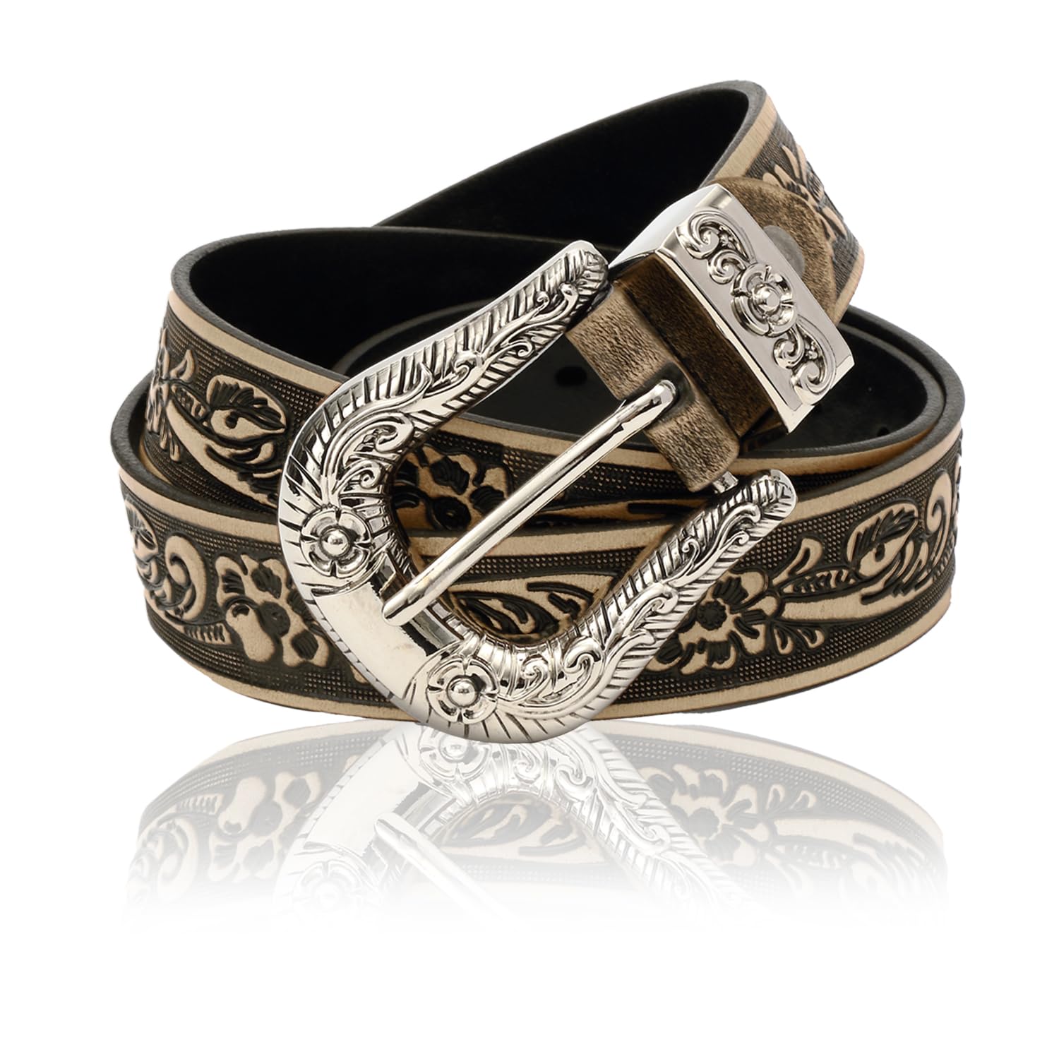 

Laquest Sheridan Резной Кожаный Ремень с Тиснением в Западном Стиле для Мужчин с D-Пряжкой (Кремовый цвет) кремовый