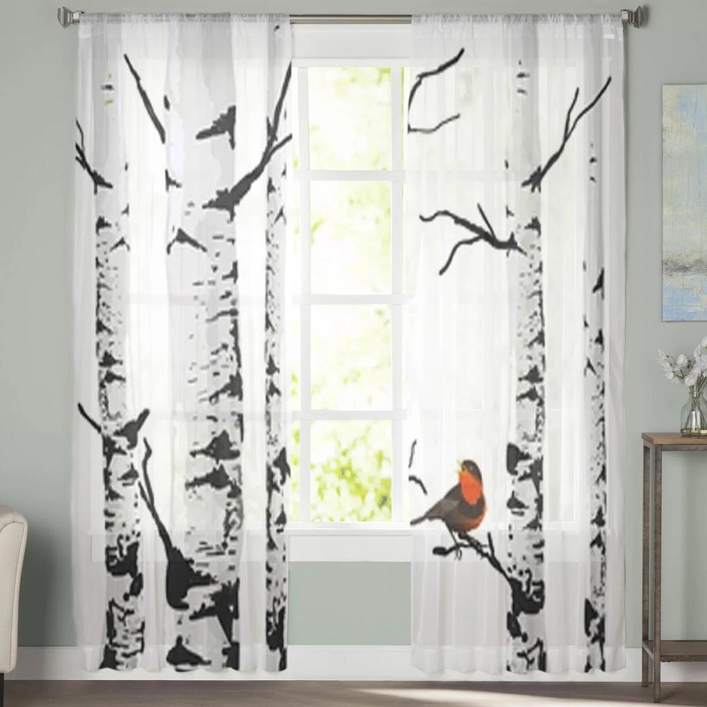 Durchsichtige Vorhänge mit Vogel-Birken-Motiv, für Schlafzimmer, Voile-Vorhang, Wohnzimmer, Fenster, durchsichtige Vorhänge, Küche, Tüll-Vorhänge