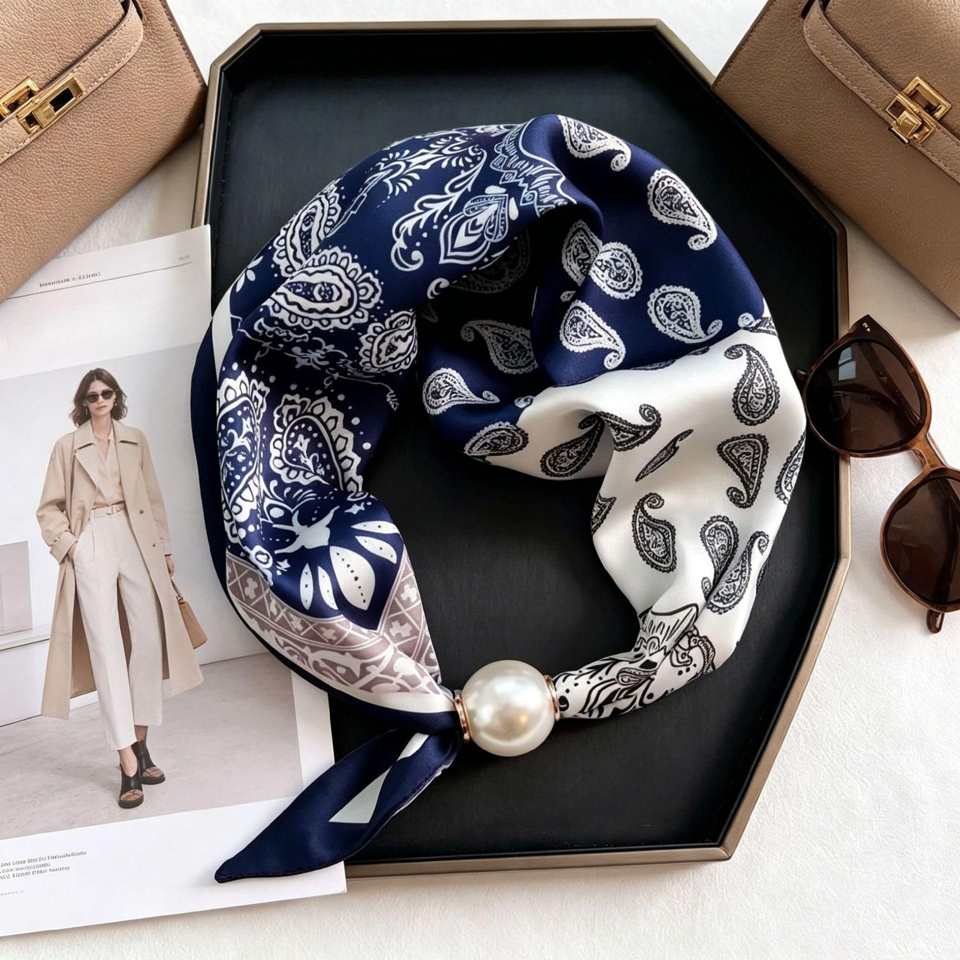 Blauwe Prints Elegante Parelstaart Magnetische Sluiting Sjaal Zomer Nieuw Veelzijdig Ademend Mode Artistiek Accessoire Nekwikkel Sjaals One Size gray