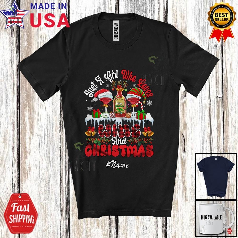 Custom Name Girl Who Loves Wine Christmas Amazing X-mas Plaid Lights T-Shirt