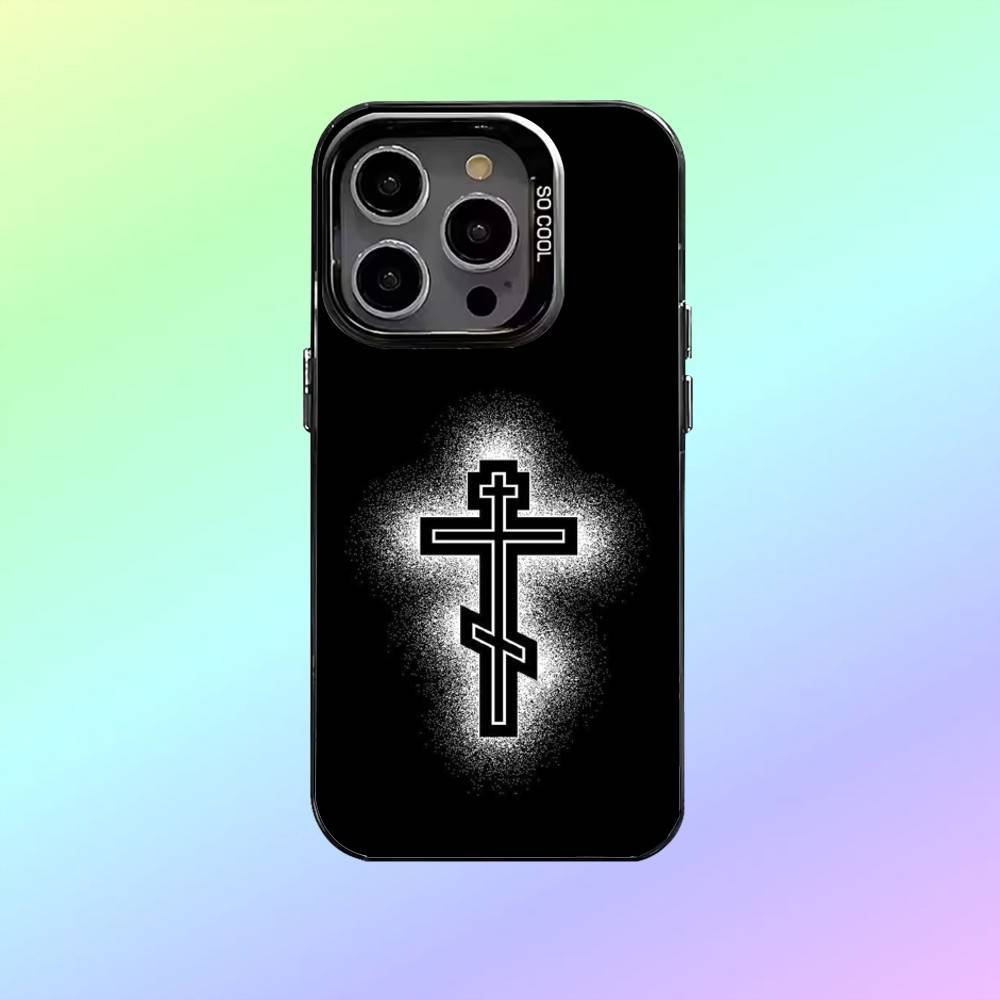O-Orthodox Cross Icon Phone Case For iPhone17,16,15,14,13,12,11 Lens Border Silver Plated Cover Candy Matte Cover