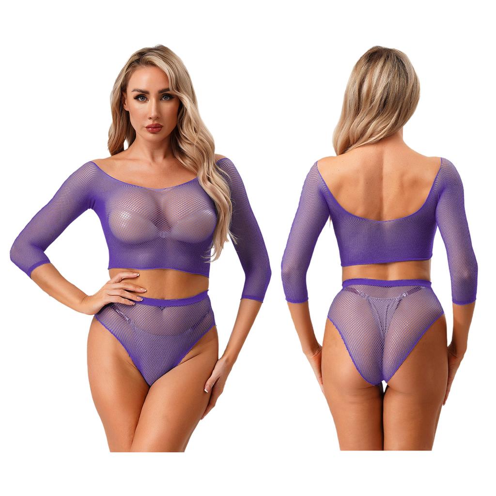 Sexy Women Lingerie Fishnet Top Briefs Set See Through Bikini Cover Couples Role Play Costume Tempting Outfit