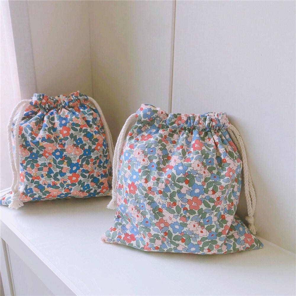 Floral Cotton Drawstring Bags Women's Cosmetic Lipstick Toiletry Organizer Bag Portable Travel Washing Storage Pouch